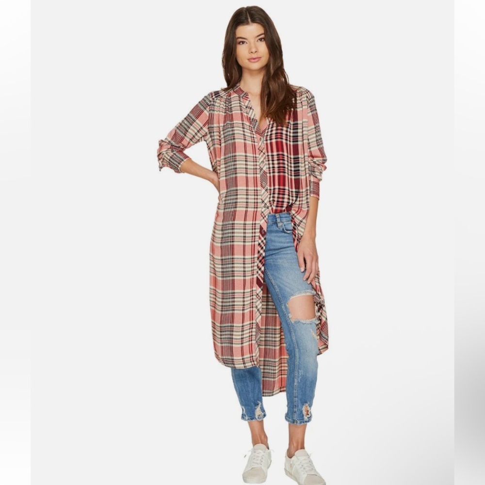 Free People Loralei Plaid Button Down Midi Dress Longline Shirt Size M - Picture 3 of 15